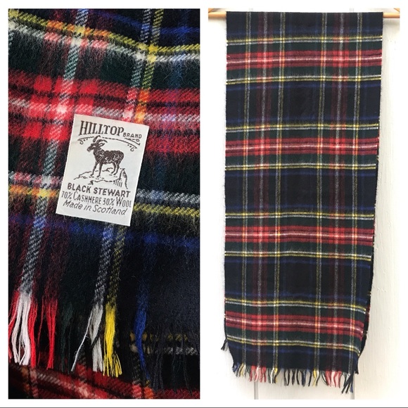 Vintage Scotland Black Stewart Cashmere Wool Fringe Scarf
